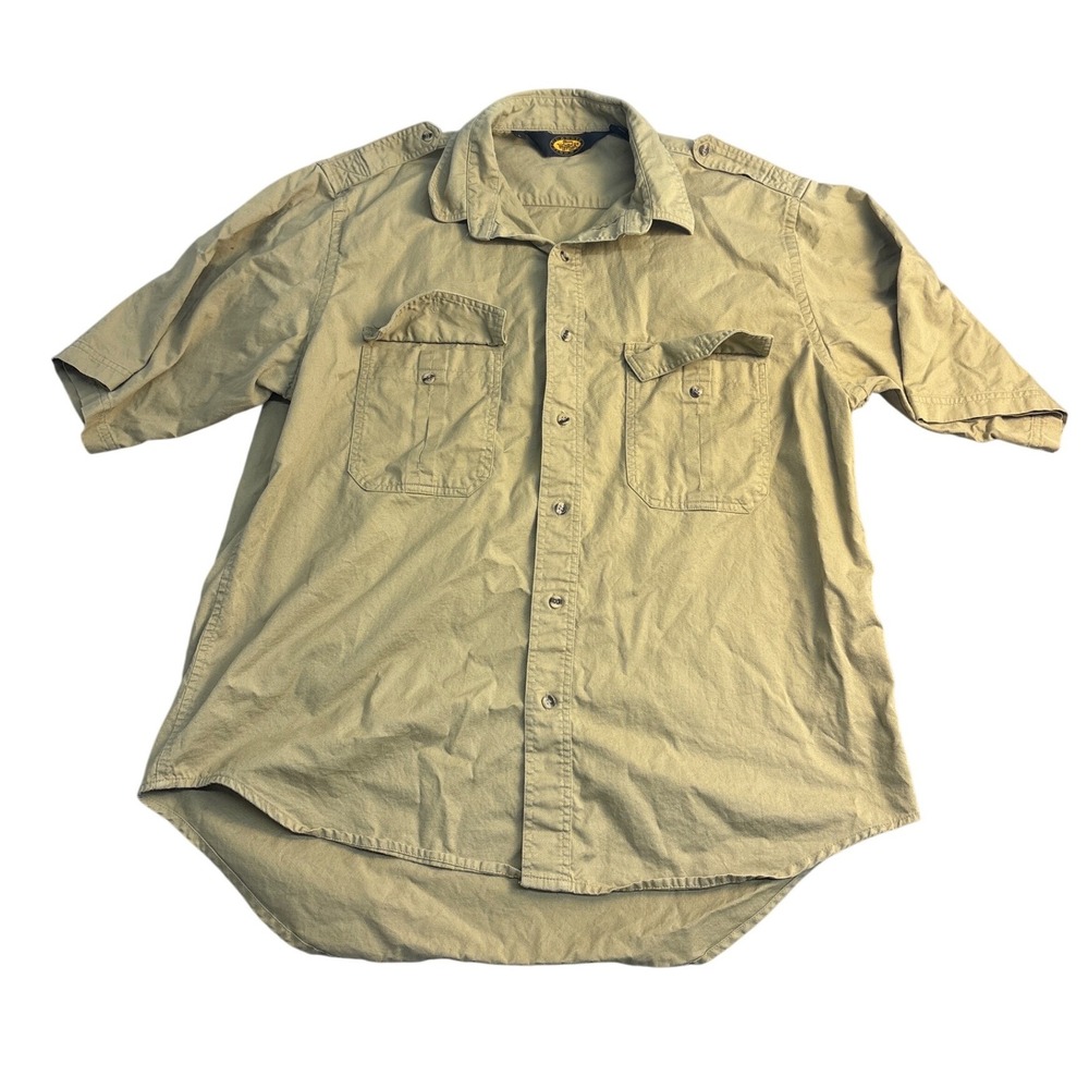 Woolrich Mens Tan Khaki Cotton Short Sleeve Button Down Utility Safari Shirt L
